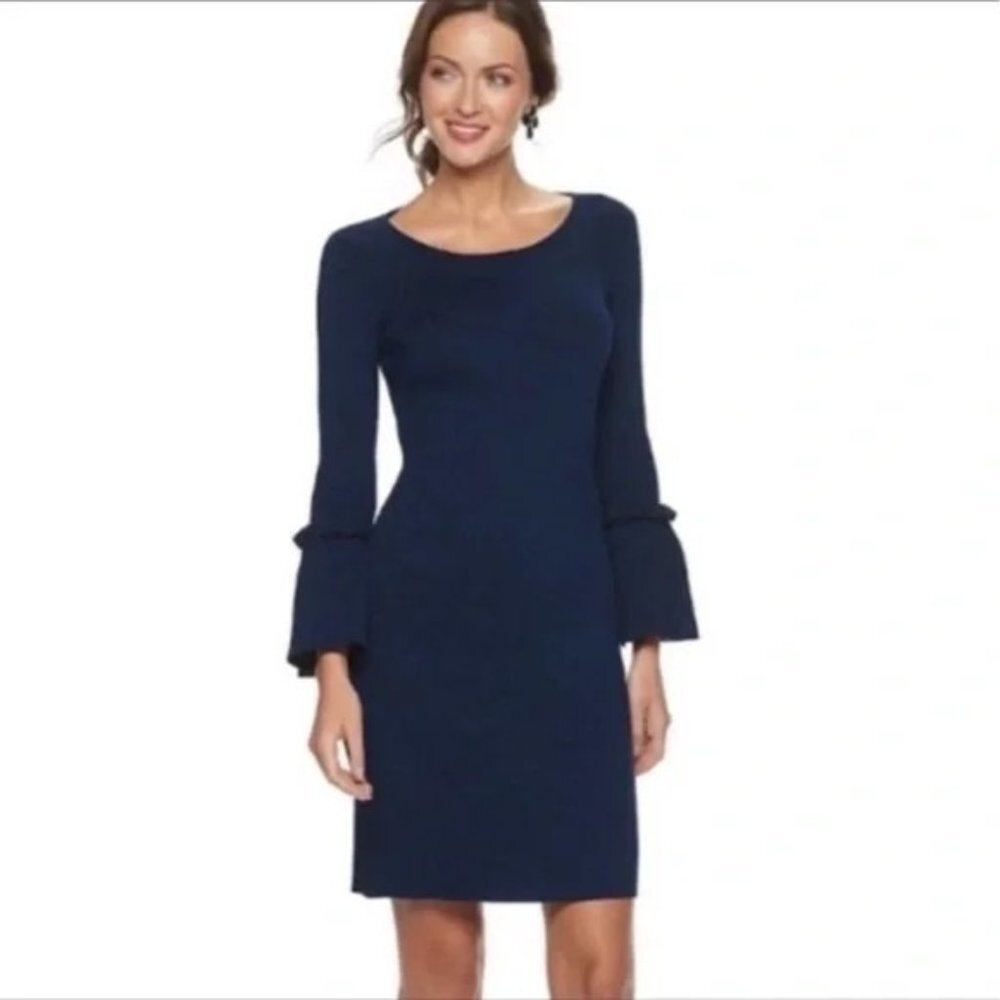 Nina Leonard Navy Blue Knit Dress With Bell Sleeves -- S